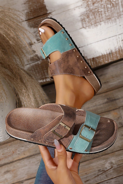 Light Blue Two-tone Retro Buckle Straps Hollowed Faux Suede Slippers