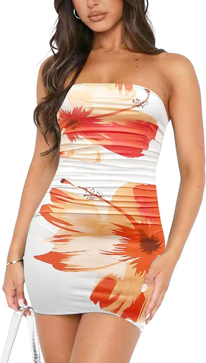 🌸 Women's Tube Top Printed Pleated Pullover Hip Wrap Short Dress