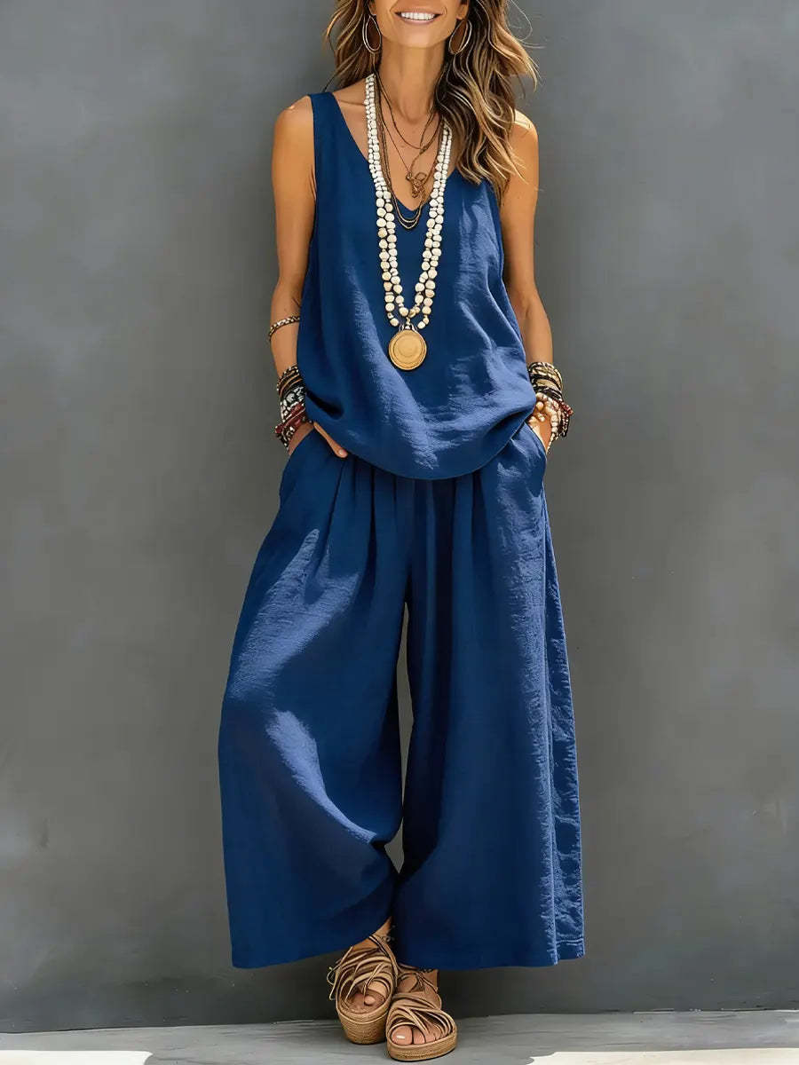 Women’s Cotton Linen Sleeveless Tank Top and Wide-Leg Pants Set