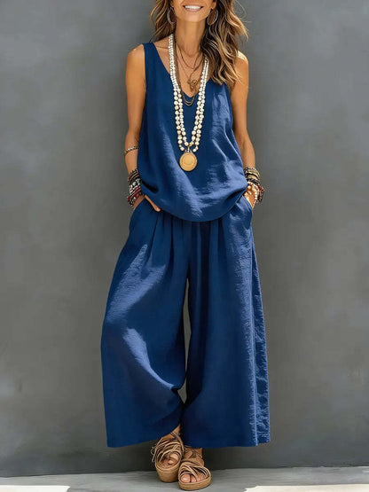 Women’s Cotton Linen Sleeveless Tank Top and Wide-Leg Pants Set