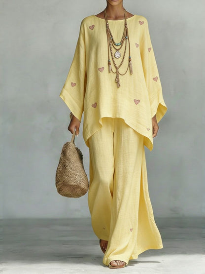 Floral Print Bamboo Linen Two-Piece Set with Wide-Leg Pants