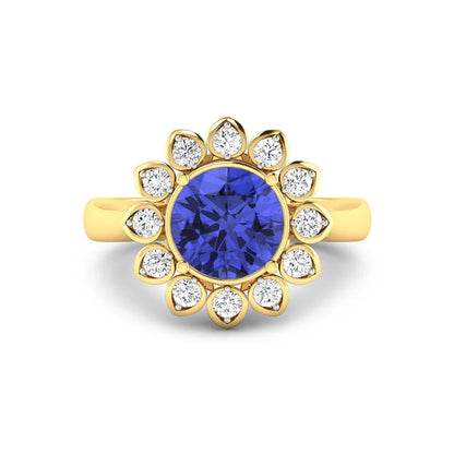 2.38 Ct Round Violet Tanzanite and White Diamond Prong 14k Gold Halo Statement Floral Ring