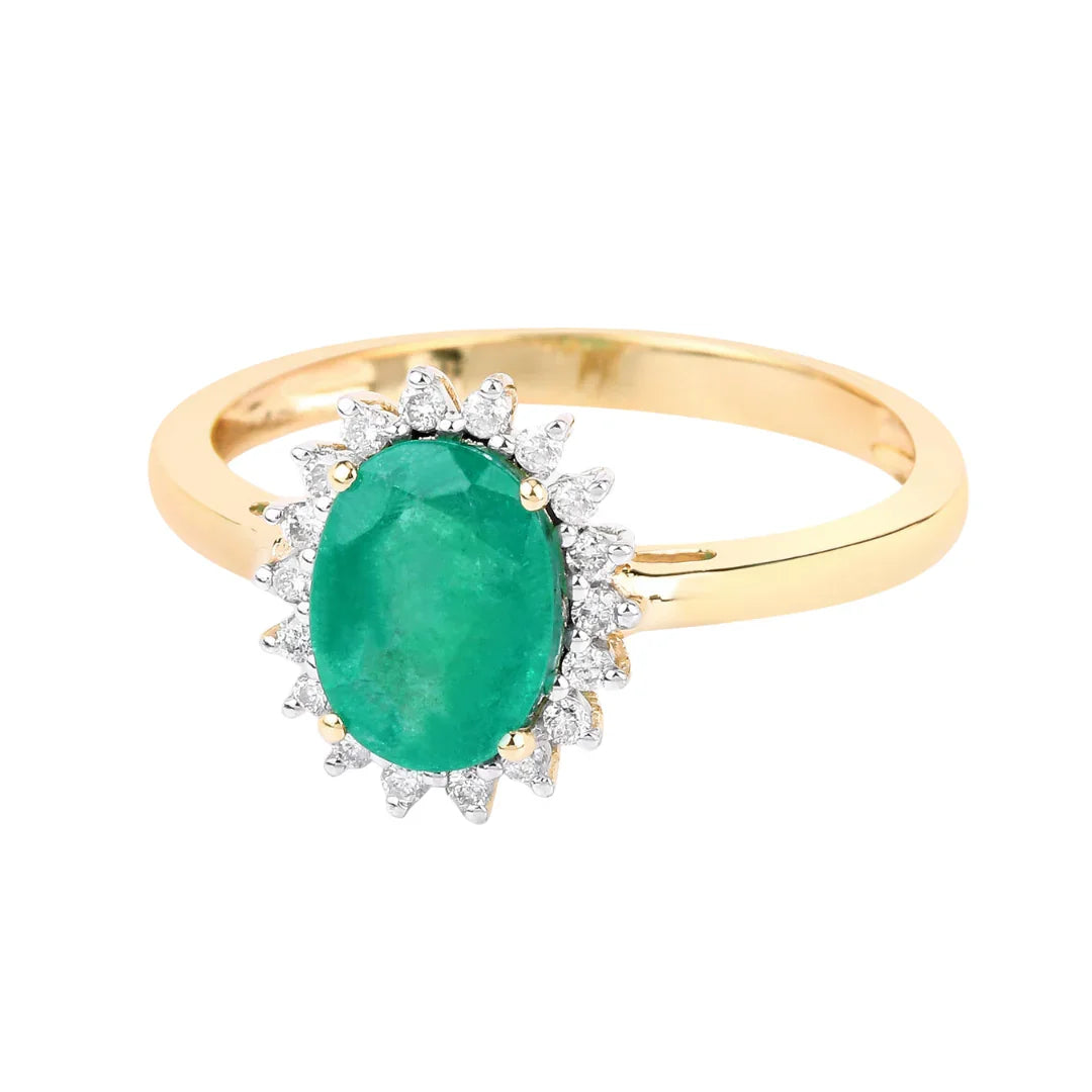 1.20 Ct Oval Green Zambian Emerald Diamond Prong 10k Gold Halo Ring