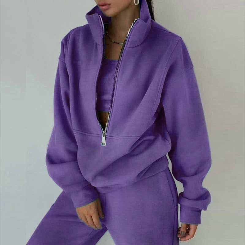 Women's Full-Zip Cropped Sweatshirt & Wide-Leg Pants Fleece Two-Piece Set