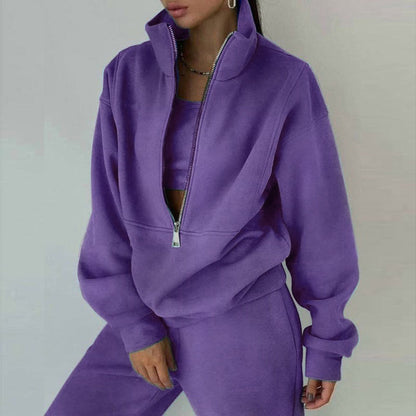 Women's Full-Zip Cropped Sweatshirt & Wide-Leg Pants Fleece Two-Piece Set