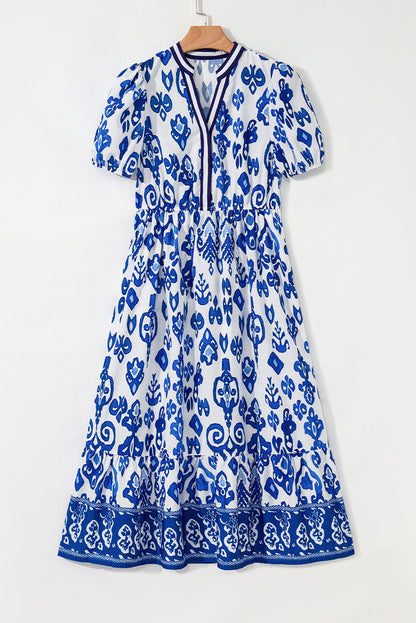 Julietta Floral Puff Short Sleeve V Neck High Waist Maxi Dress by Threaded Pear