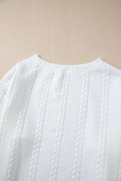 Threaded Pear White Cable Textured Loose Plus Size Sweatshirt