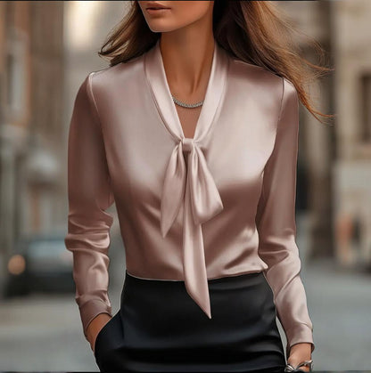 Elegant Satin Ribbon Blouse — Long Sleeve Button-Down Work Shirt