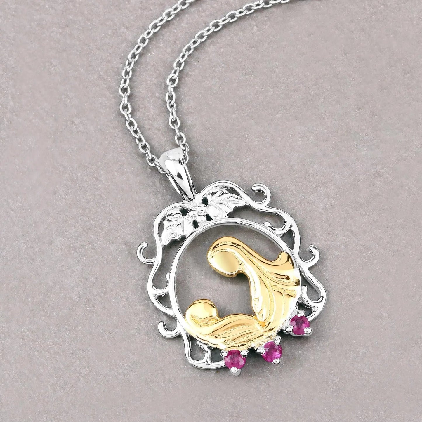 Round Pink Ruby Prong Silver Pendant Necklace