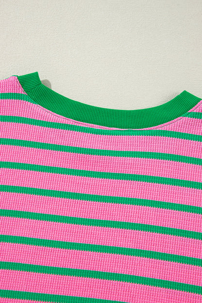 Threaded Pear Pink Stripe Waffle Knit Crew Neck Plus Size Sweatshirt