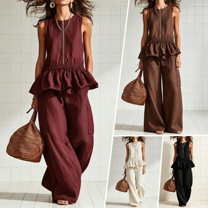 Women's Sleeveless Pleated Vest & Wide Leg Pants Set – Streetwear