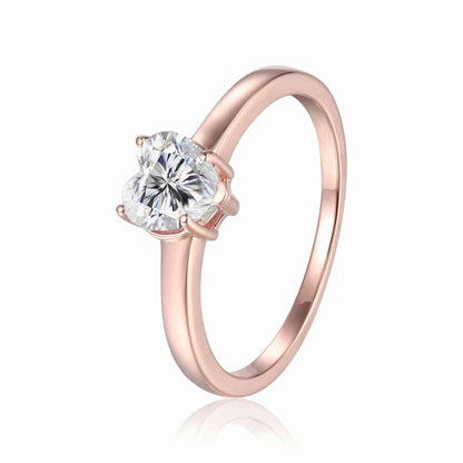 Heart White Moissanite Prong Rose Gold Plated Silver Solitaire Ring