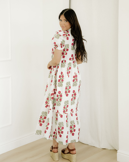 Kali Floral Short Bubble Sleeve Tiered Maxi Dress - Beige
