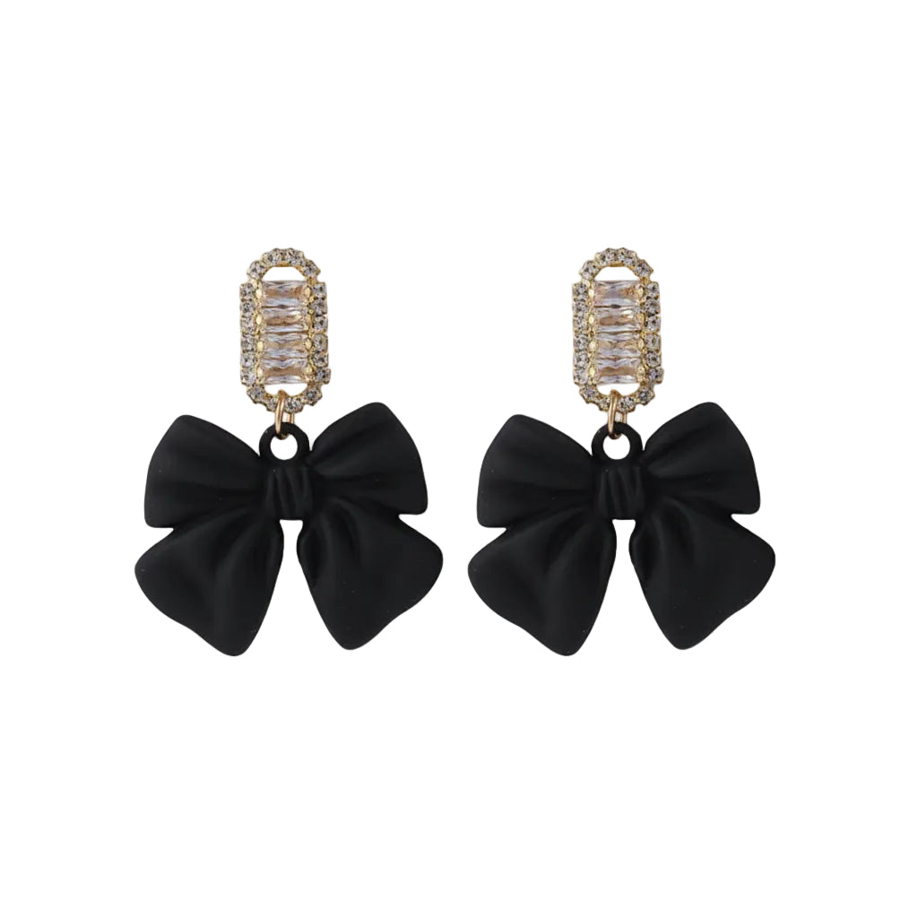 Black Acrylic & Cubic Zirconia Bow Baguette-Cut Drop Earrings