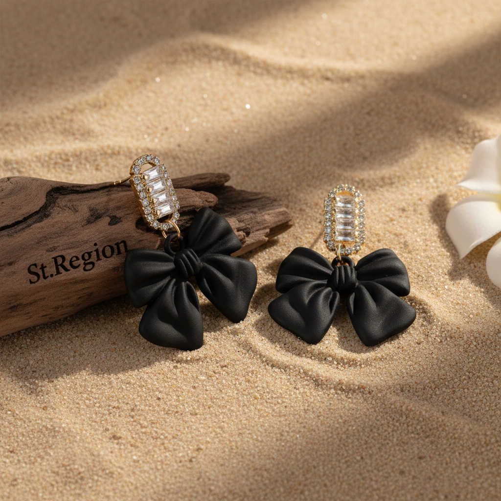 Black Acrylic & Cubic Zirconia Bow Baguette-Cut Drop Earrings