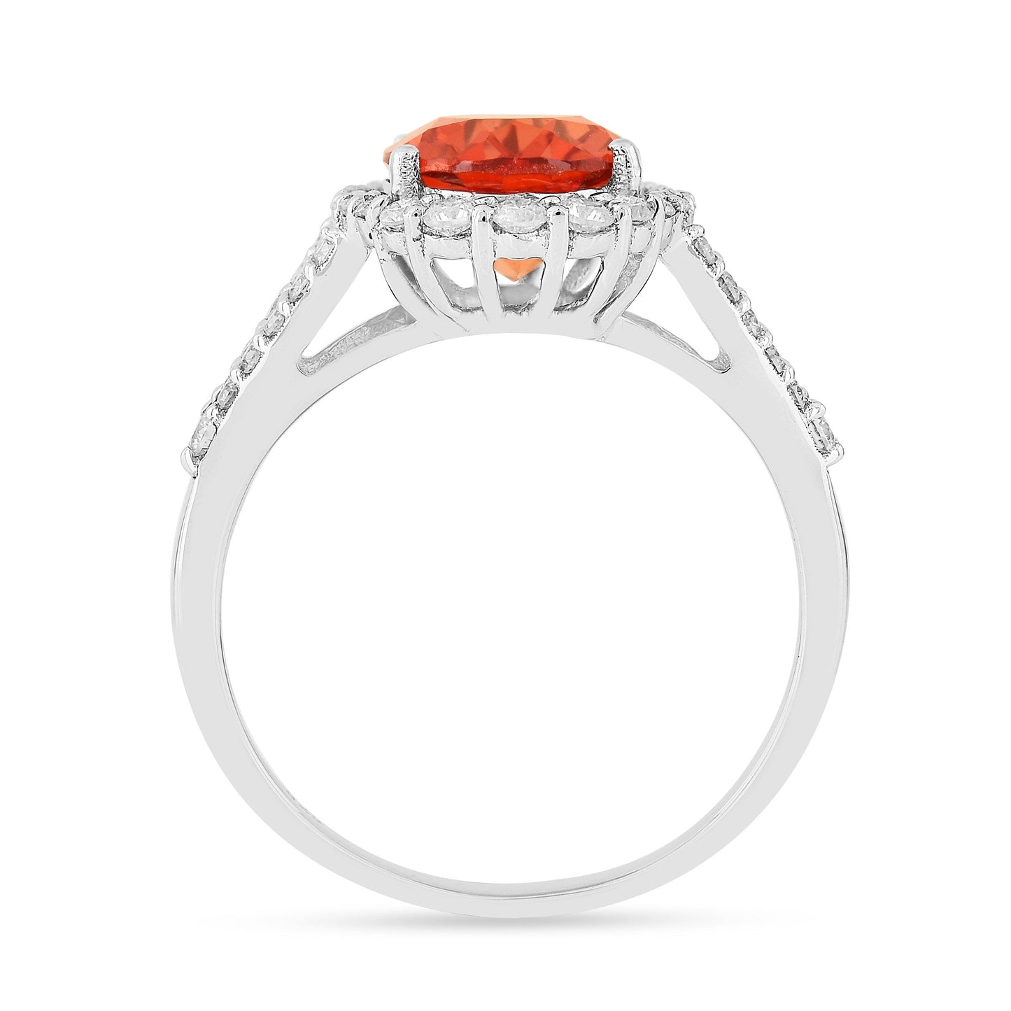 4.11 Ct Oval Lab Created Peach Sapphire and Moissanite Prong Silver Halo Statement Ring