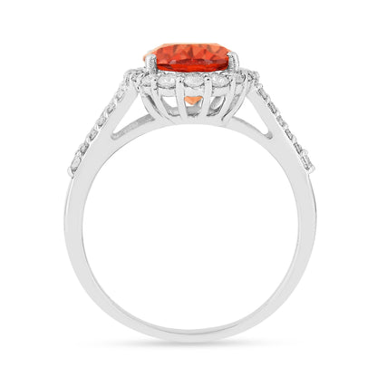 4.11 Ct Oval Lab Created Peach Sapphire and Moissanite Prong Silver Halo Statement Ring