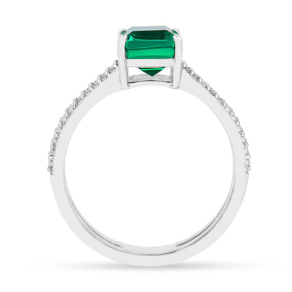 1.92 Ct Octagon Green Colombian Lab Created Emerald and Moissanite Prong Silver Double Band Ring
