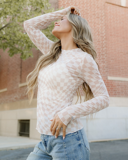 Sheer Checkered Top - Khaki