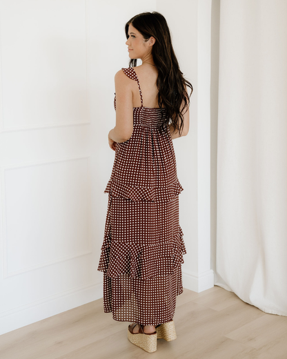 Irene Coffee Polka Dot Print Backless Ruffled Tiered Maxi Dress