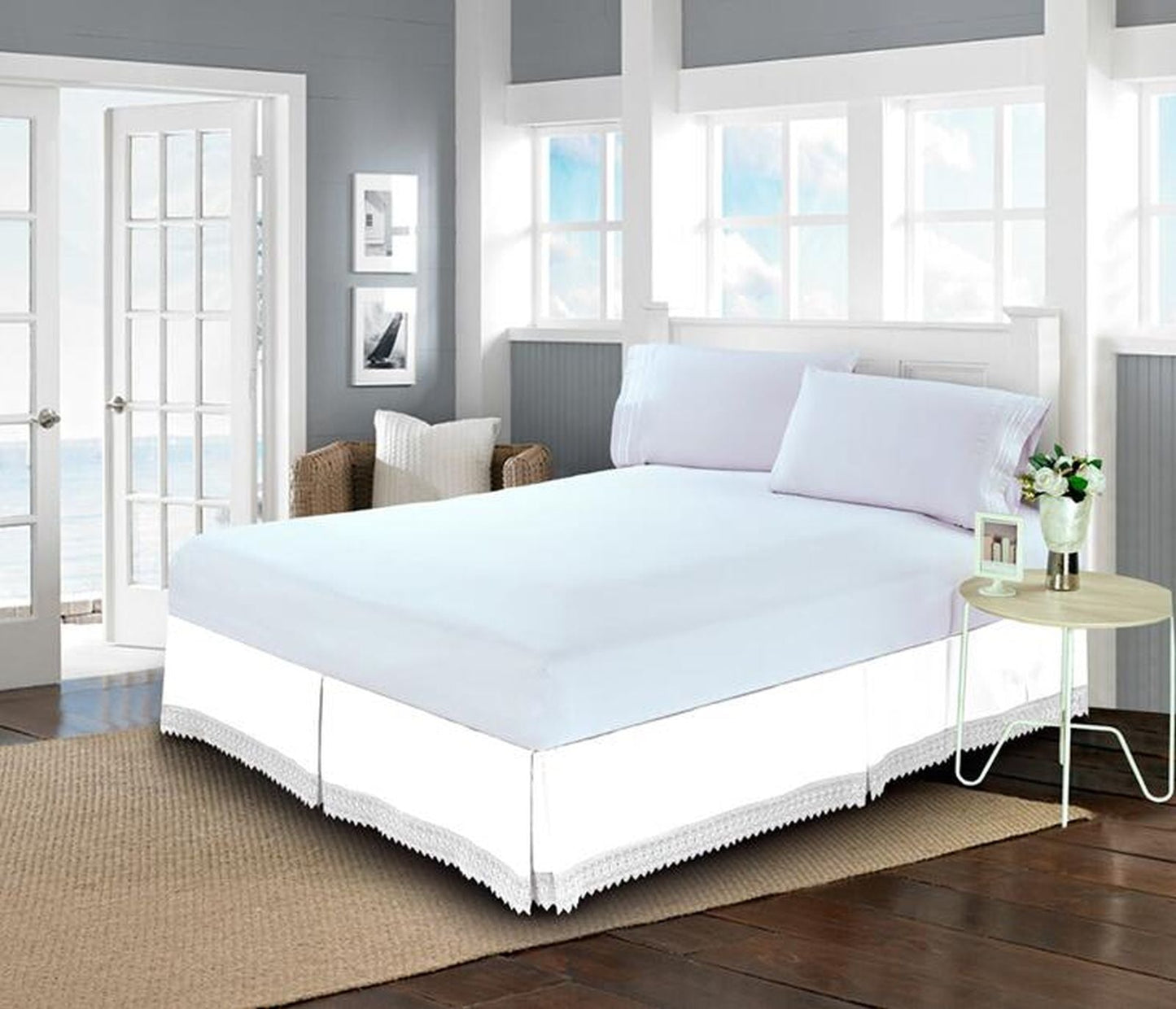 Mocassi Luxury Microfiber 1-Piece Lace Fringe Dust Ruffle/Bed Skirt  with 15inch Drop.