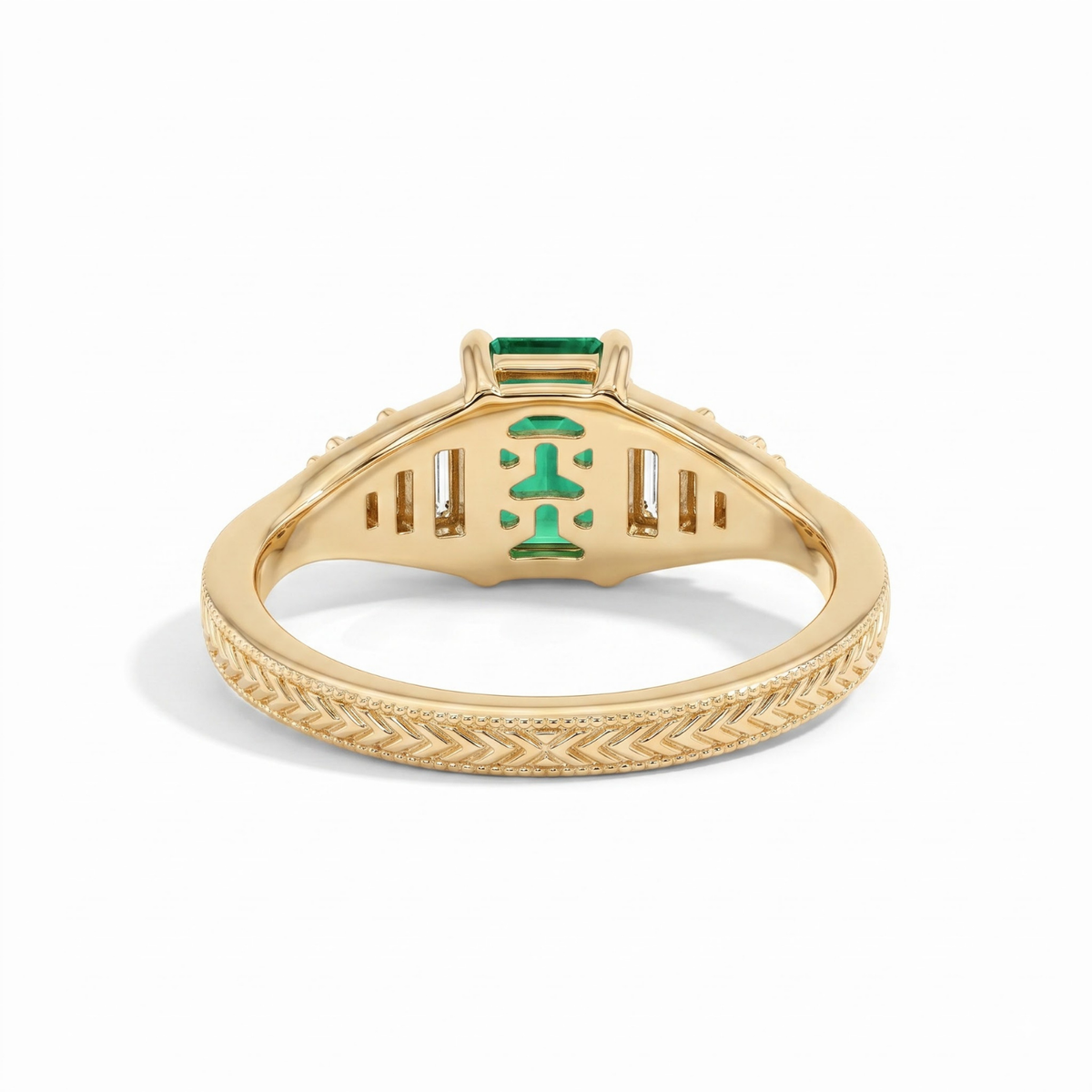 Octagon Sapphire, Emerald, Ruby and Lab Diamond 14K Yellow Gold Tapered Band Engagement Ring