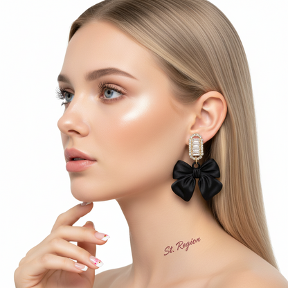 Black Acrylic & Cubic Zirconia Bow Baguette-Cut Drop Earrings