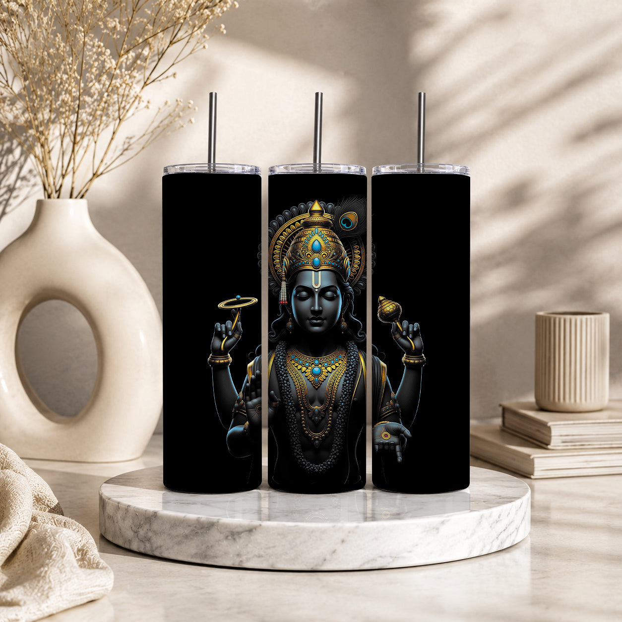 Lord Vishnu 20oz Skinny Tumbler – Hindu Deity Spiritual Drinkware | Black & White Design