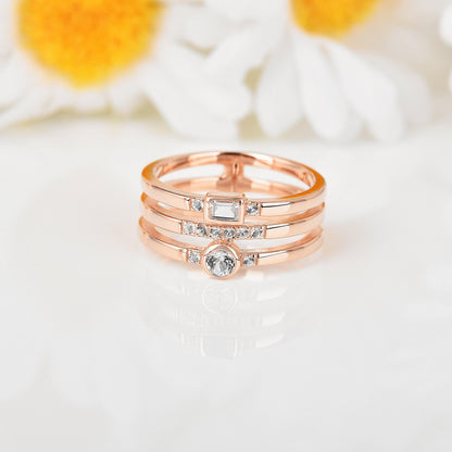 0.35 Ct Round White Sapphire and White Topaz Flush Silver Three Band Ring
