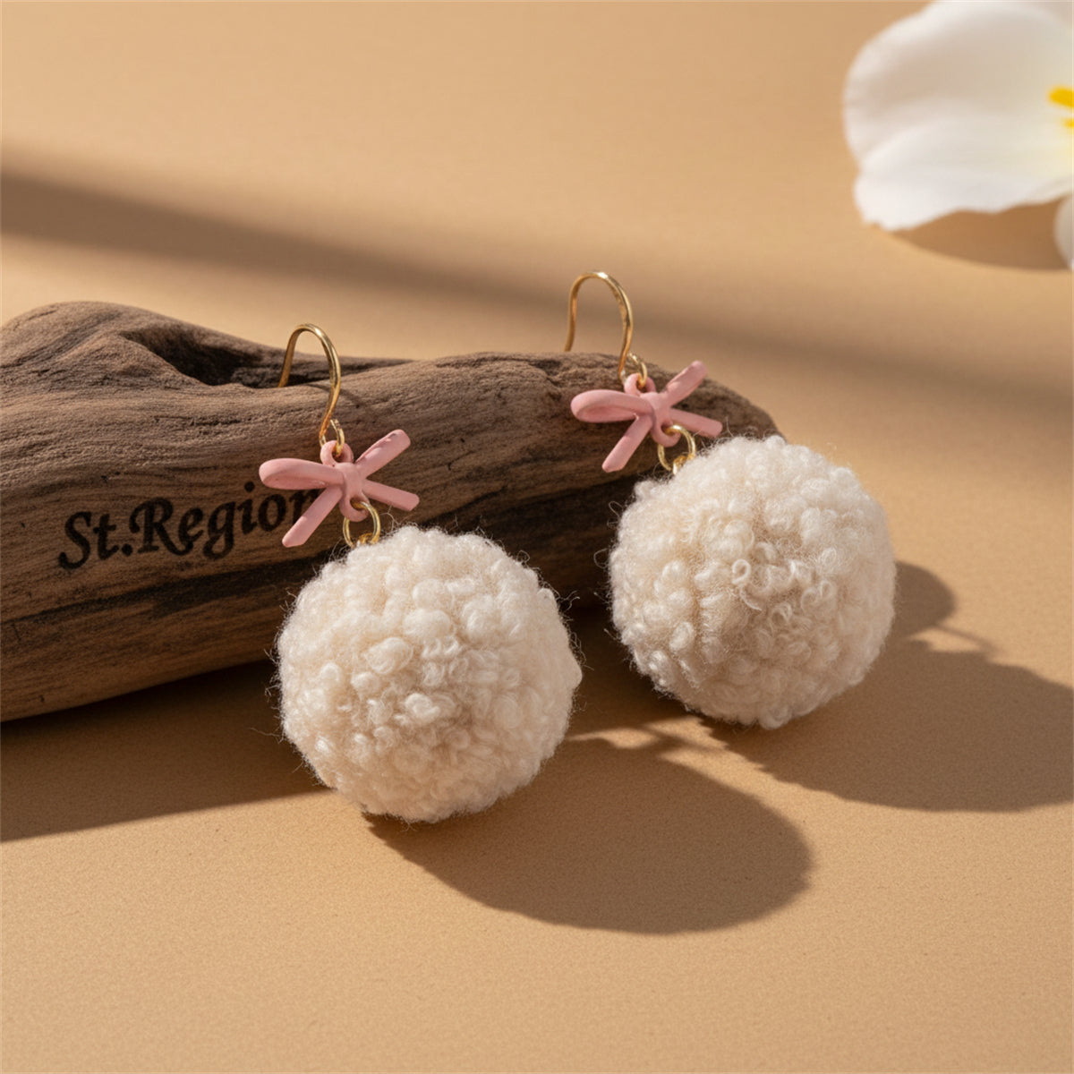 Goldtone & Pink Pompom Bow Ball Drop Earrings
