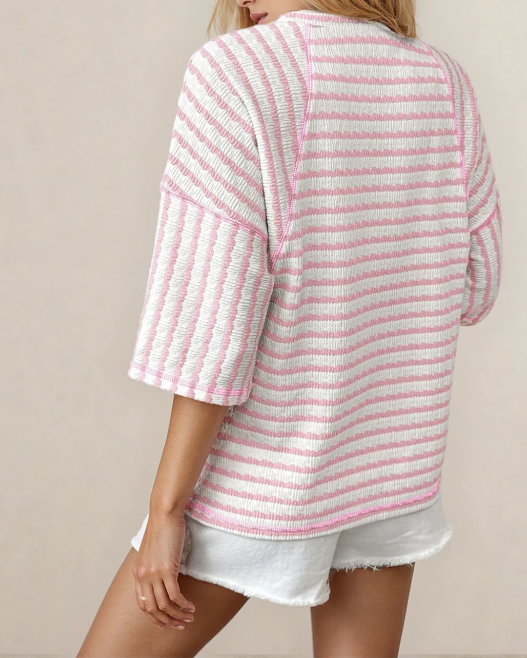 Noelle Textured Knit Split Hem Half Sleeve Loose Top - Pink