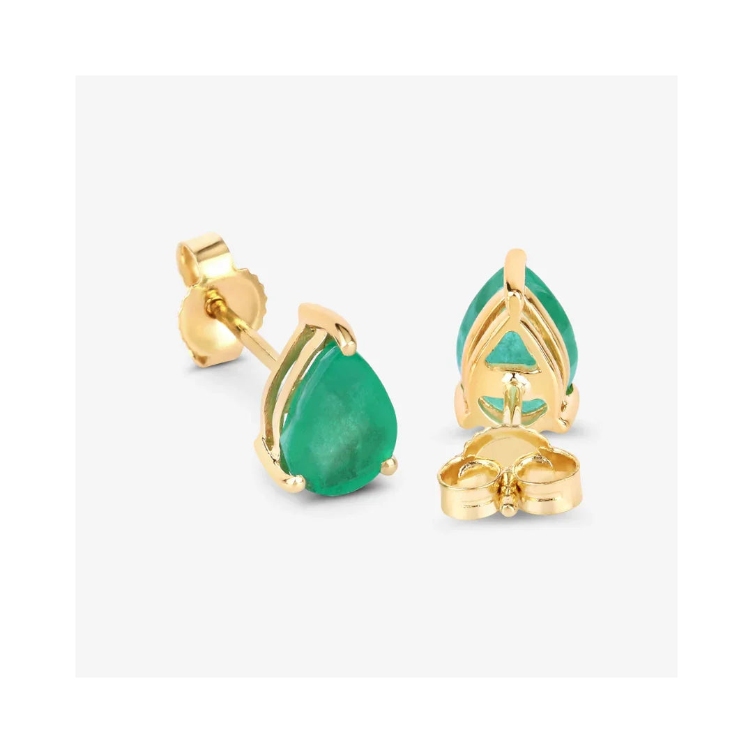 1.30 Ct Pear Green Zambian Emerald Prong 10k Gold Teardrop Stud Earrings