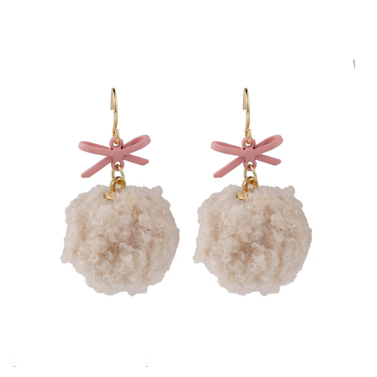 Goldtone & Pink Pompom Bow Ball Drop Earrings