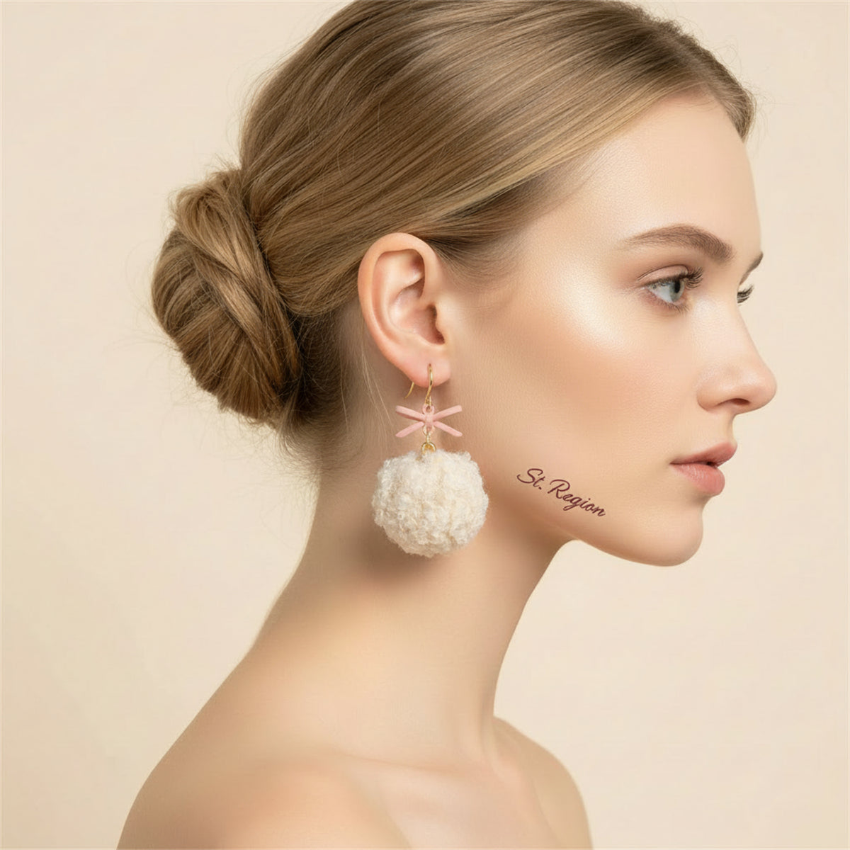 Goldtone & Pink Pompom Bow Ball Drop Earrings