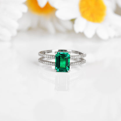 1.92 Ct Octagon Green Colombian Lab Created Emerald and Moissanite Prong Silver Double Band Ring