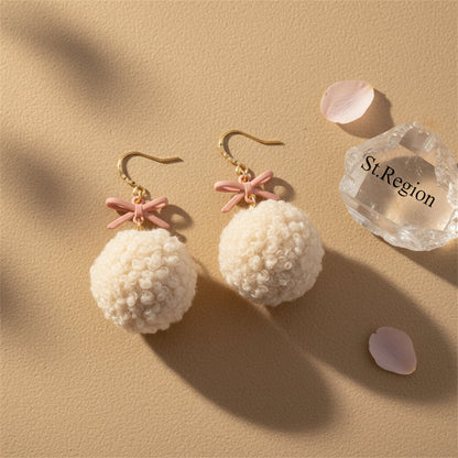 Goldtone & Pink Pompom Bow Ball Drop Earrings