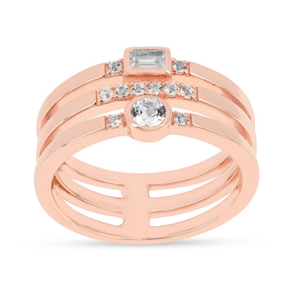 0.35 Ct Round White Sapphire and White Topaz Flush Silver Three Band Ring