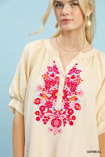 Umgee Embroidered Puff Sleeve Blouse