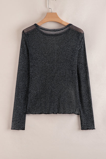 Threaded Pear Serenity Metallic Glitter Mesh Long Sleeve Top
