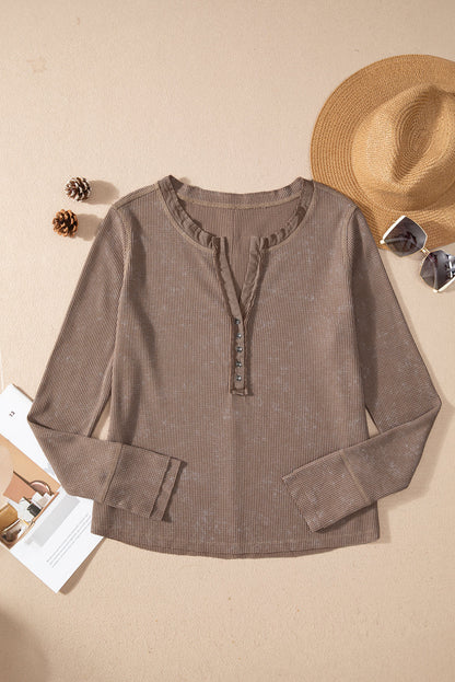 Threaded Pear Zahra Waffle Knit Neckline Long Sleeve Top