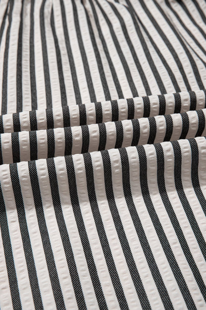 Black Stripe Scallop Trim Shirt Collar Half Button 3/4 Sleeve Long Dress