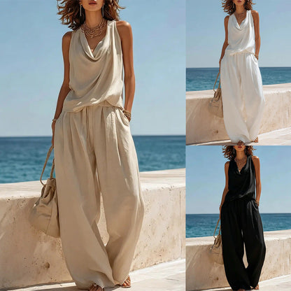 Women's Sleeveless Boat Neck Top & Wide-Leg Pants Two-Piece Set