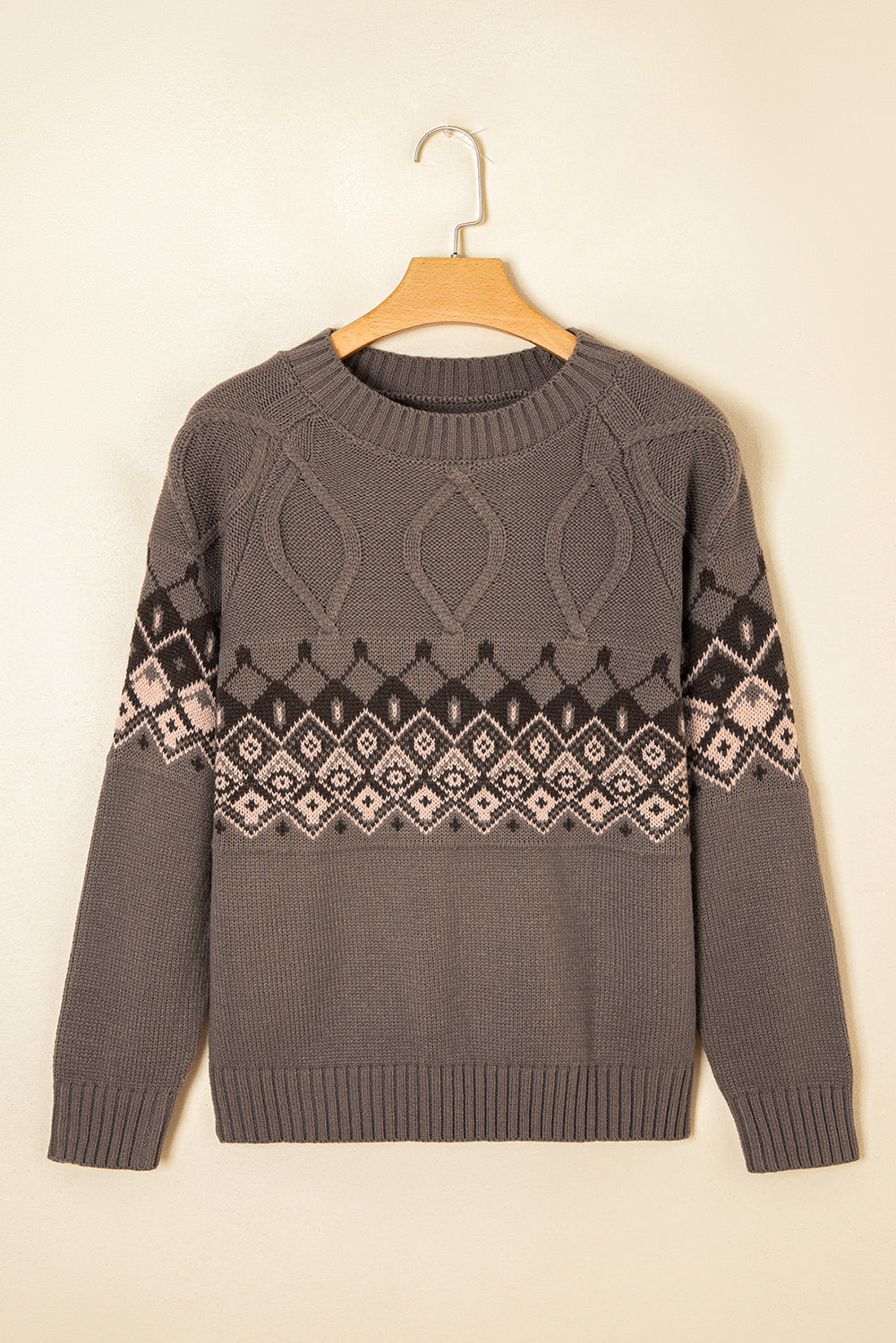Threaded Pear Alana Western Geometric Patterned Crew Neck Knitted Sweater