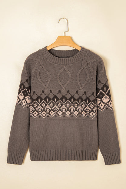 Threaded Pear Alana Western Geometric Patterned Crew Neck Knitted Sweater