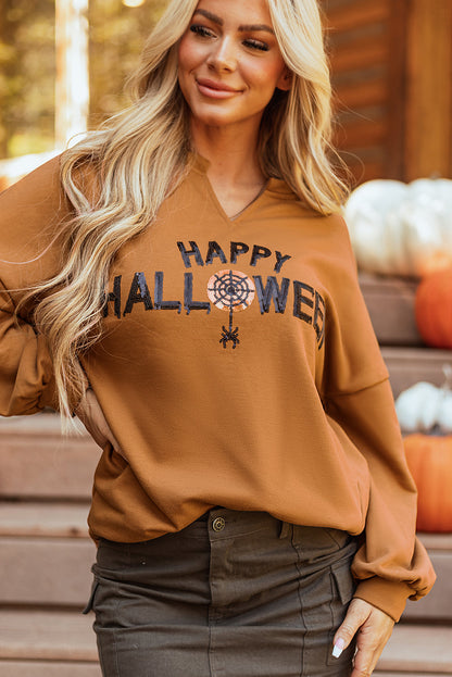 Threaded Pear Sequin Happy Halloween Long Sleeve Top