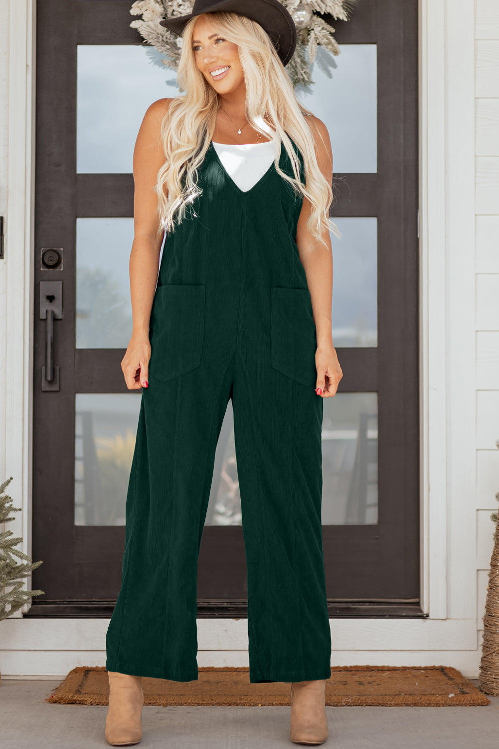 Threaded Pear Elle Corduroy Patched Sleeveless Jumpsuit