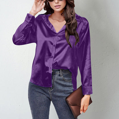 Women’s Satin Lapel Button-Down Blouse