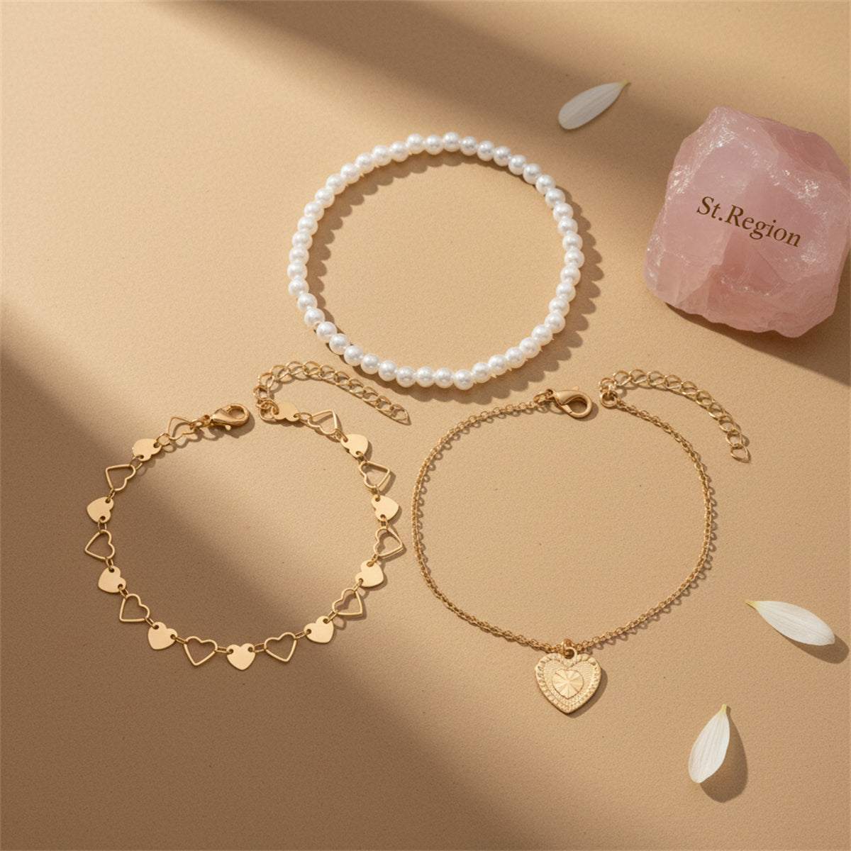 Pearl & Goldtone Heart Station Charm Anklet Set