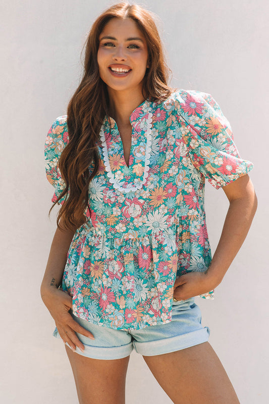 Threaded Pear Amaris Notched Neck Puff Short Sleeve Floral Blouse