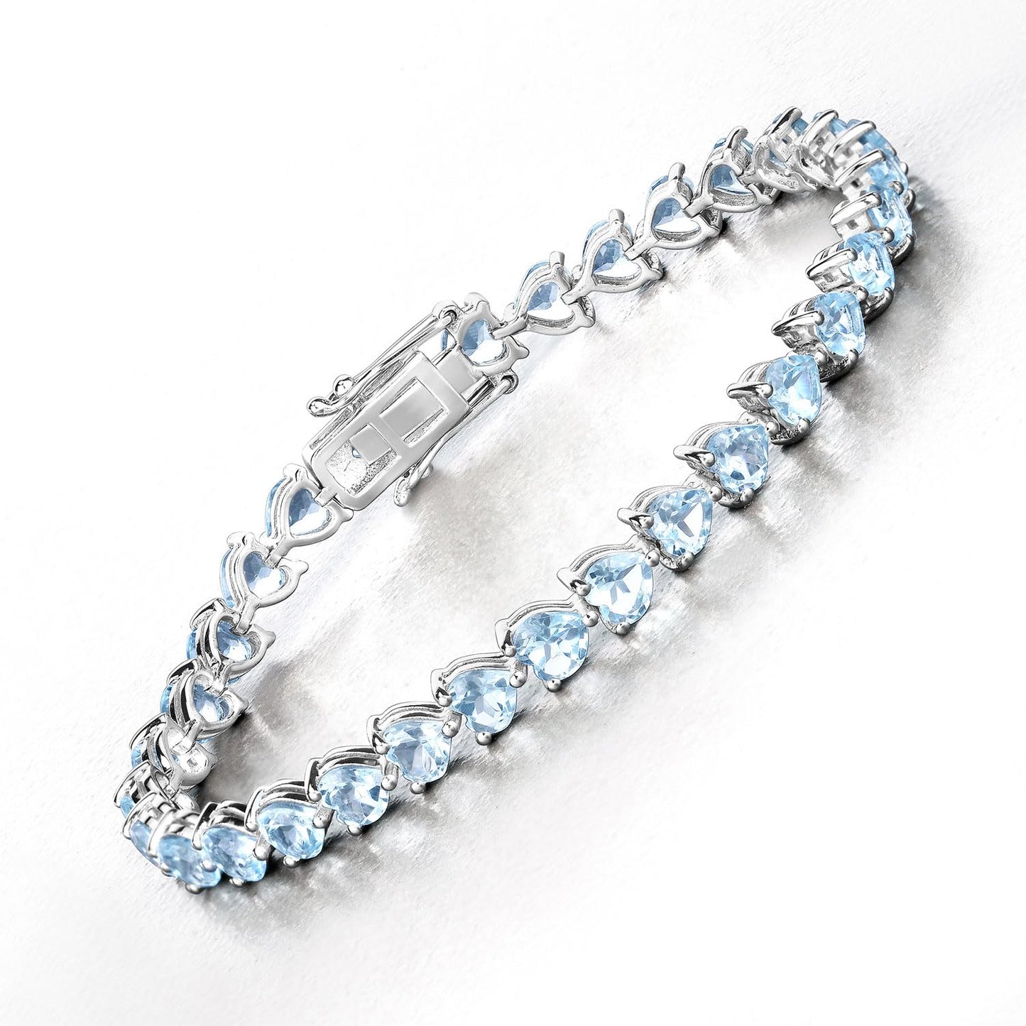 Heart Sky Blue Topaz Prong Silver Tennis Bracelet